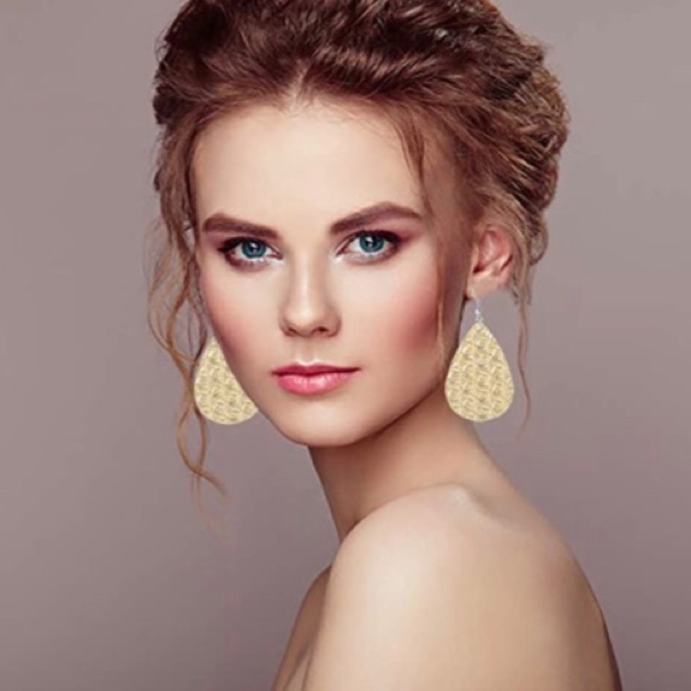 Faux Leather Metallic Gold Textured Earrings